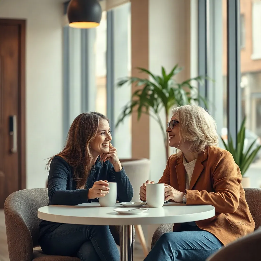 Two women talking over coffee in a bright modern space