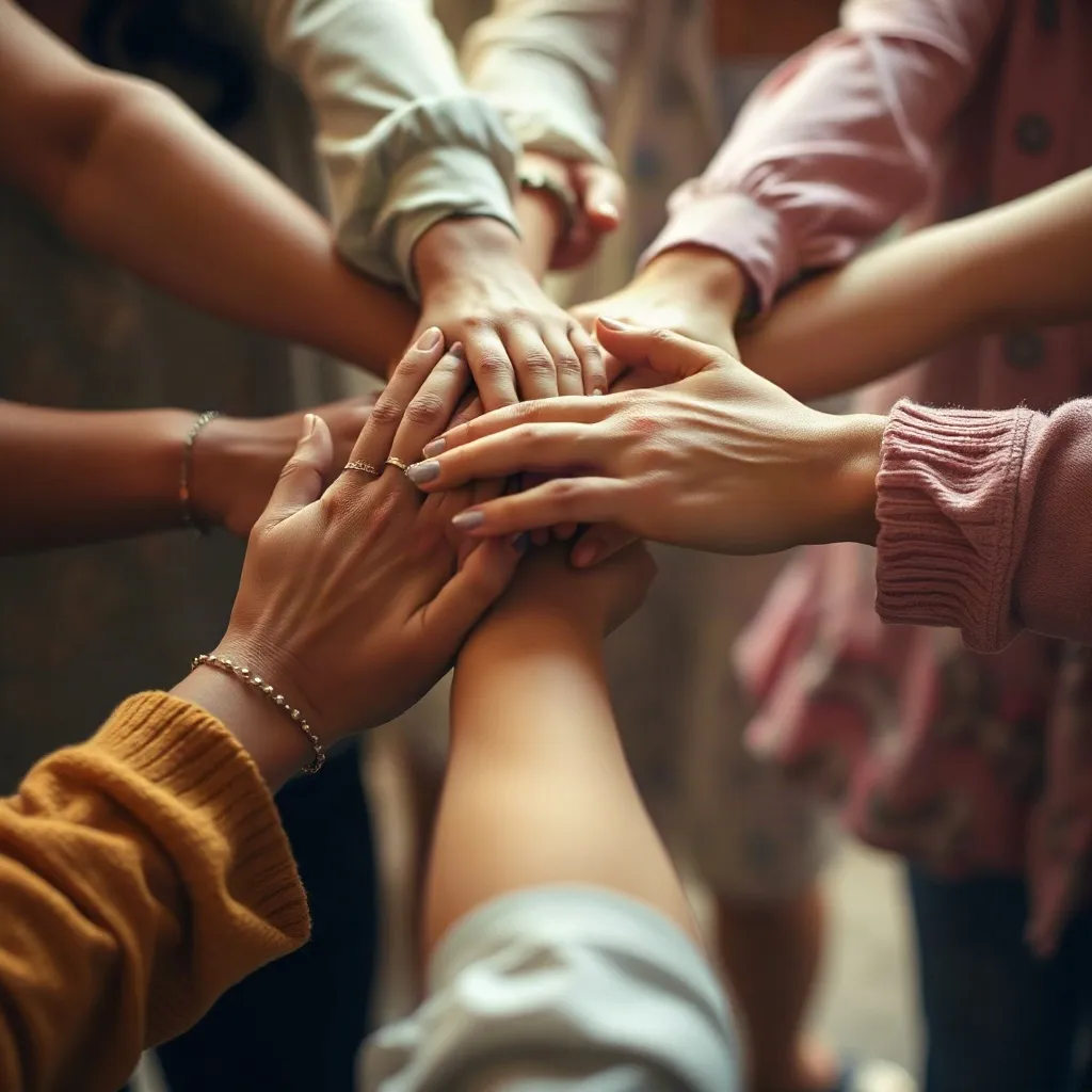 Close-up of women's hands joined together in unity