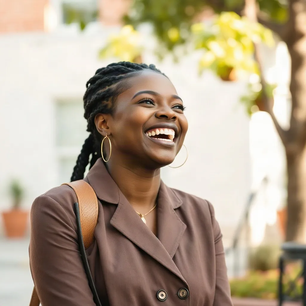 A young professional woman laughing outdoors in natural light