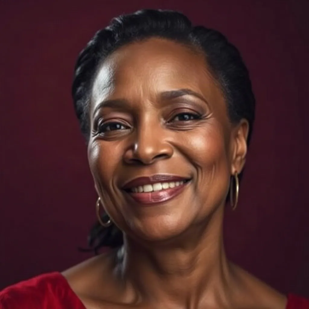 Portrait of an elegant mature woman smiling softly against a deep maroon backdrop